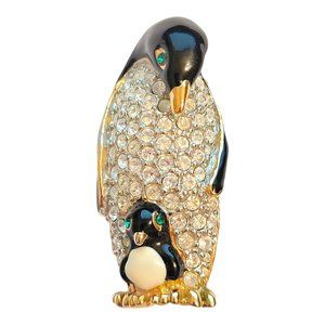 Mom & Baby Rhinestone Penguin Brooch (2" tall)